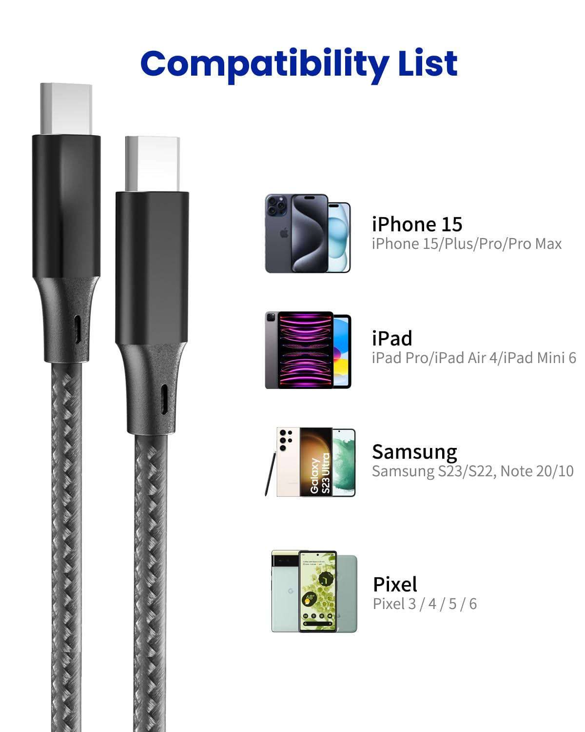 Confezione da 2 cavi di ricarica extra lunghi per iPhone 15, 4,6 m, da USB C a C, cavo di ricarica rapida in nylon intrecciato per iPhone 15/15 Plus/15 Pro/iPhone 15 Pro Max/iPad Pro/Air/Mini 6