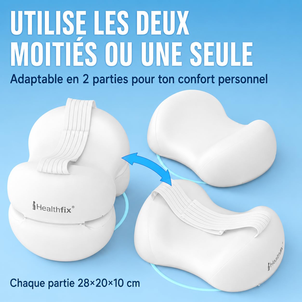 Healthfix Lot de 2 coussins orthopédiques pour les personnes dormant sur le côté, avec sangle, en mousse à mémoire de forme, housse rafraîchissante et lavable, blanc