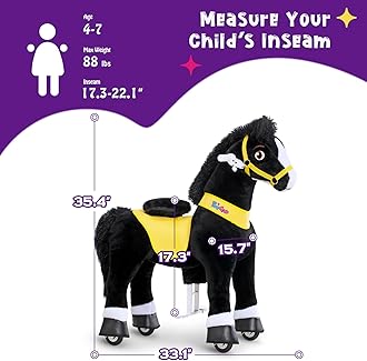 PonyCycle Horse Ride on Toys for Kids Ride on Horse Spirit Toys Essential Model E, Size 4 for Kids Age 4-7/35.4" Height, Birthday Gifts Plush Animal Giddy up Riding Toys Ride on Pony Animal Black E438