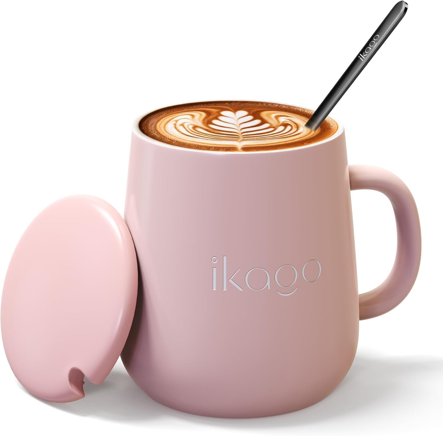 Ikago Ceramic Coffee Mug Set, 15oz Mugs with Lid and Spoon, Pink Coffee Mug, Matching Mug lid, Novelty Laser Engraving Pattern, Best Gift for Coffee, Tea, Cocoa Lovers