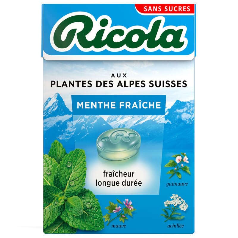 RICOLA - Bonbons aux Plantes Suisses, Parfum Menthe Fraiche, Sans Sucres, Boîte de 50g