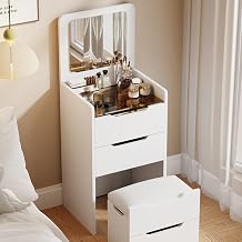 Vanity Set with Hidden LED Mirror & Stool, 3-Color Light Makeup Vanity Desk, Modern Dressers for Bedroom,Compact Dressing Table for Small SpaceWhite
