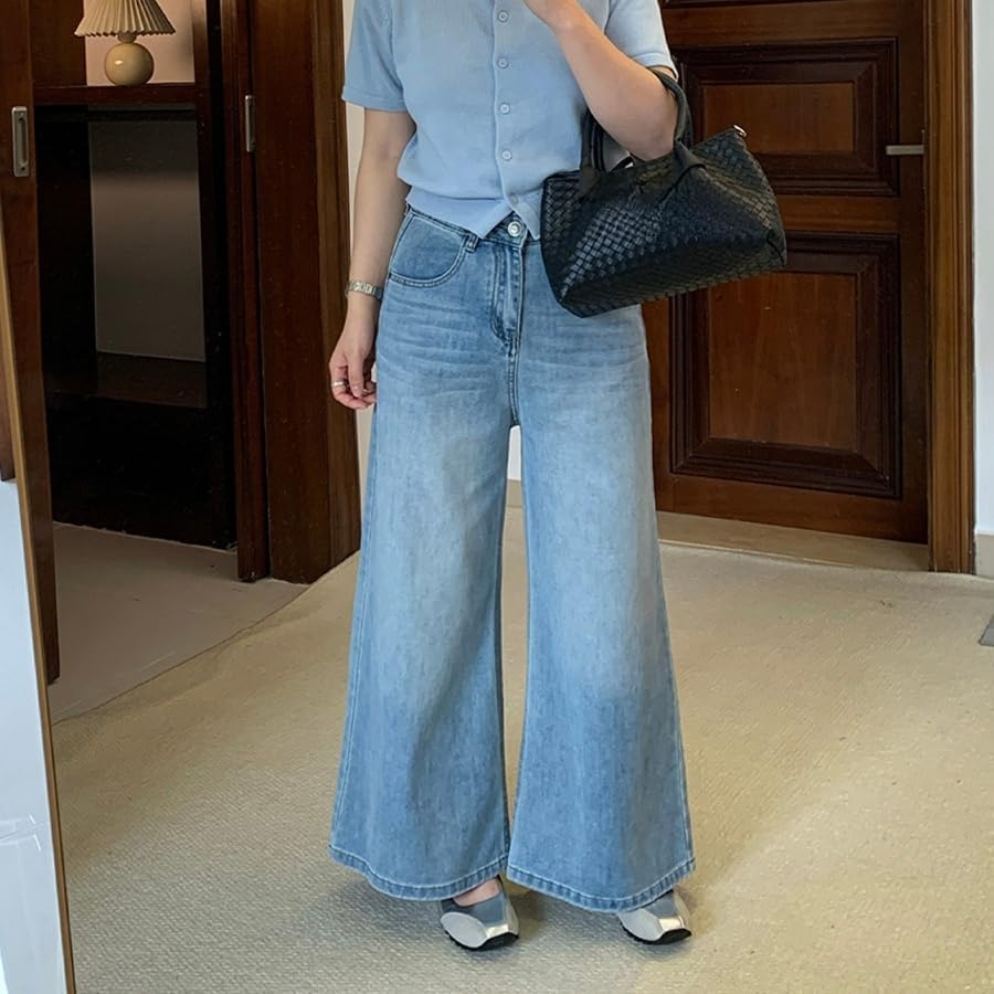 [Bebemax] 春夏天デニム【ワイドレッグジーンズ】 薄手テーパードパンツ 小柄女性向け ウエスト絞り設計 透け感なし 浅水色