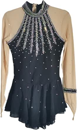 LIUHUO Girls' Beaded Figure Skating Dress - Gradient Black Long Sleeve Gymnastics Performance Leotard