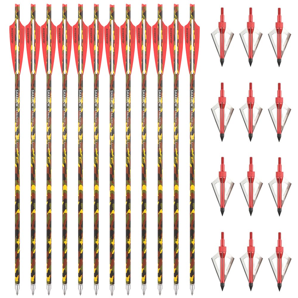 SHARROW Archery Carbon Crossbow Bolts Arrows 16 17 18 20 22 Inch Carbon Arrows Camo Shafts with 4" Feathers for Crossbow Hunting Shooting (Type 2: Red, 20")