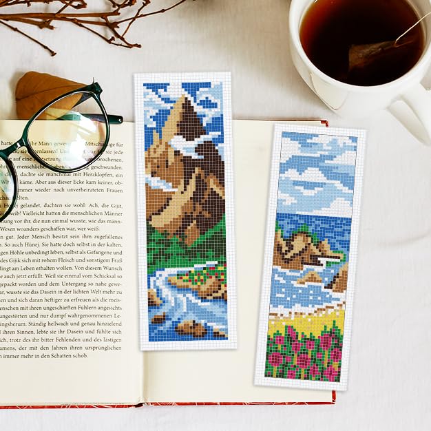 Image of INFUNLY 6pcs Natural Scenery Cross Stitch Bookmark Kits Mountain Embroidery Bookmark Kit with Instructions Lakes Sky Handmade Cross Stitch Set Pre-Printed Flowers DIY Bookmark-Kits for Book Lovers
