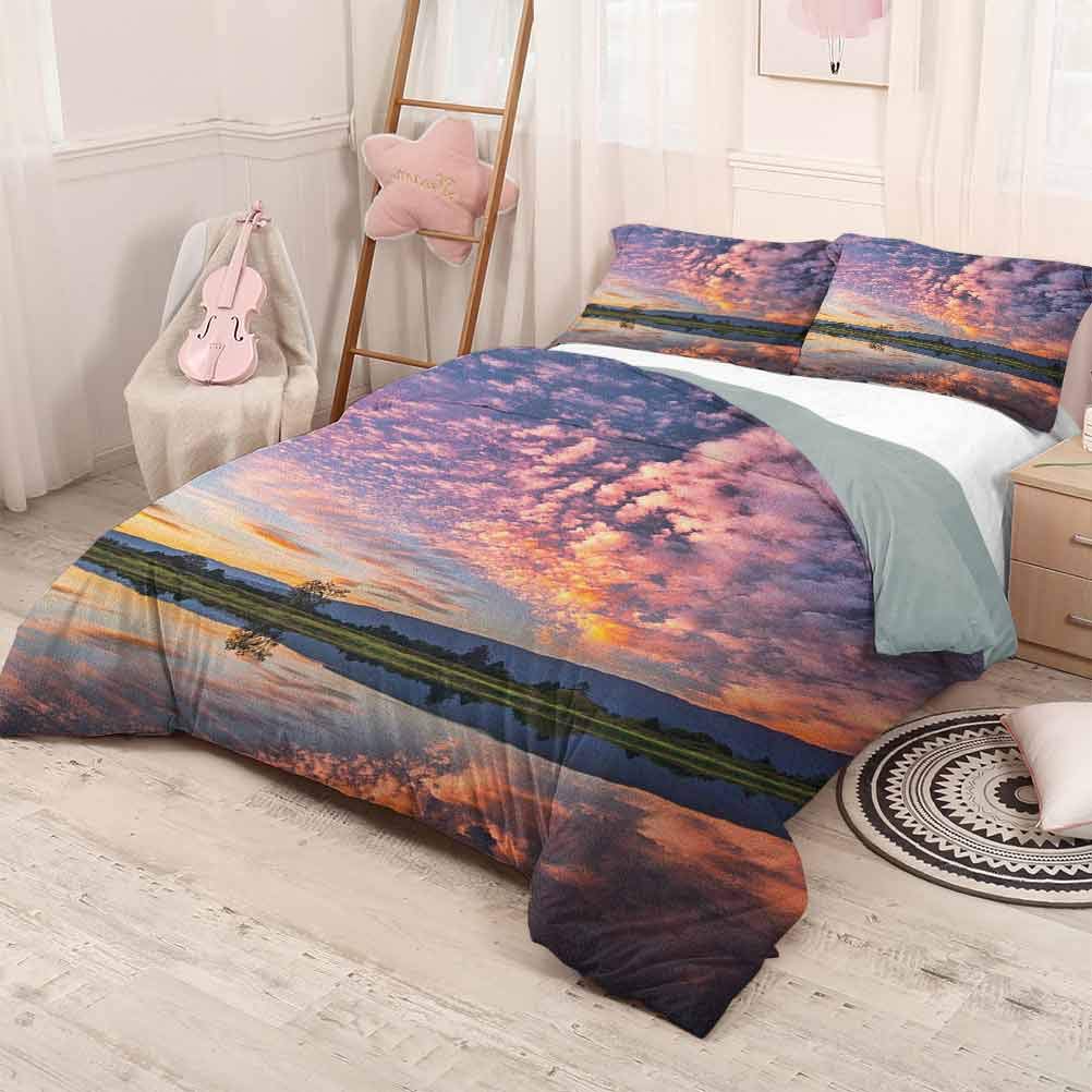 prunushome Clouds Bedding Duvet Cover Magical Reflection Pink Colored Clouds in Water Mirroring Scenic Weather Activity Picture Printing Bedclothes Decor Blue 71x87in/20x30inx2