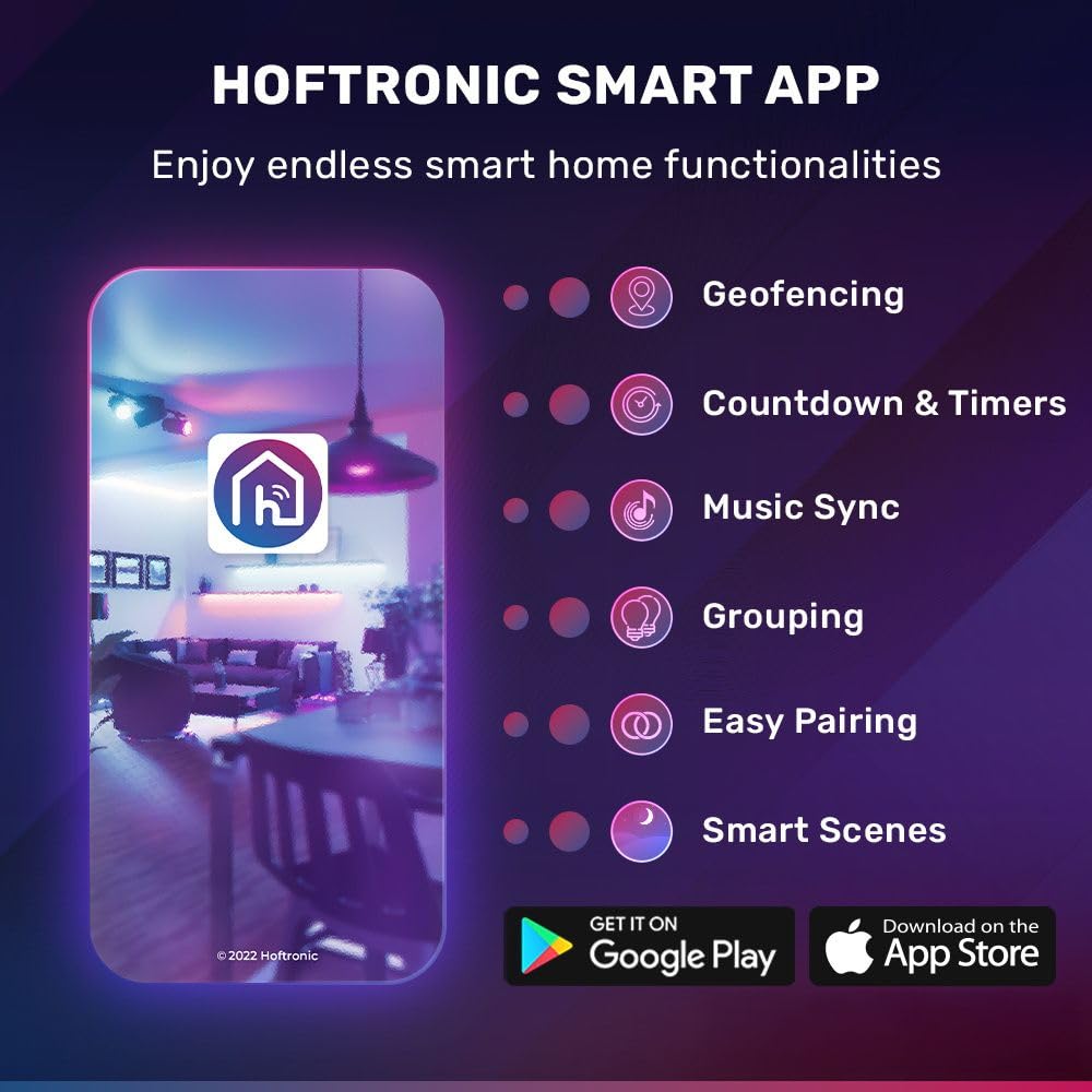 HOFTRONIC - Confezione risparmio da 10 faretti LED Smart Home GU10 – WiFi + Bluetooth – Colorato RGBWW – Controllabile tramite telefono cellulare e lingua (Google Home, Amazon Alexa e Siri)