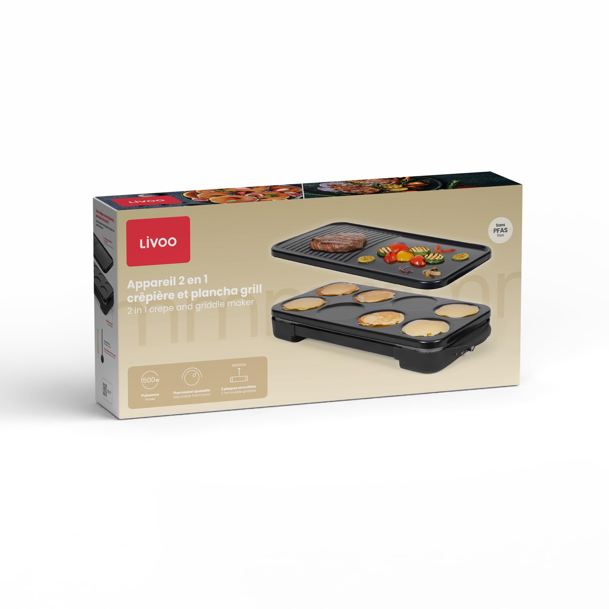 Livoo - Appareil 2 en 1 crêpière et plancha grill DOC349N - 1500W, 2 plaques amovibles, sans PFAS, accessoires inclus, Noir