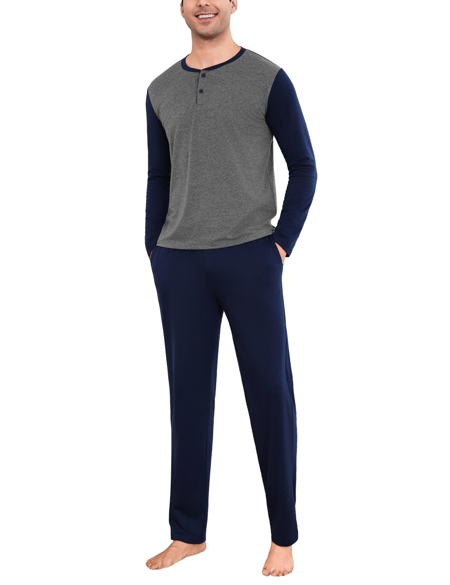 Aseniza Katoenen herenpyjama met lange mouwen, top en broek, pyjamaset Aseniza Katoenen herenpyjama met lange mouwen, top en broek, pyjamaset