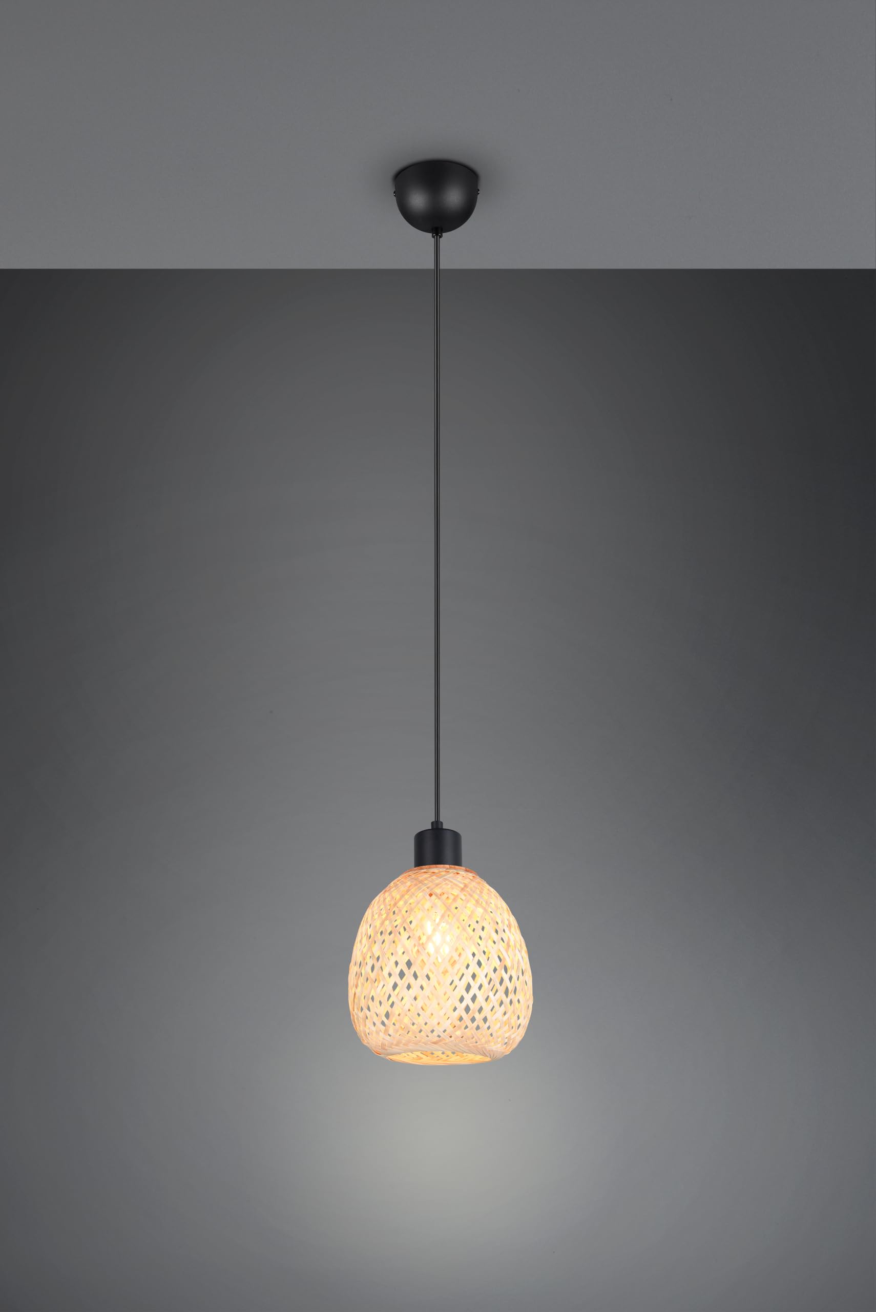 Reality Leuchten Pendelleuchte Amelie R31941036, Metall Schwarz matt, Schirm Bambus naturbelassen, exkl. 1x E27
