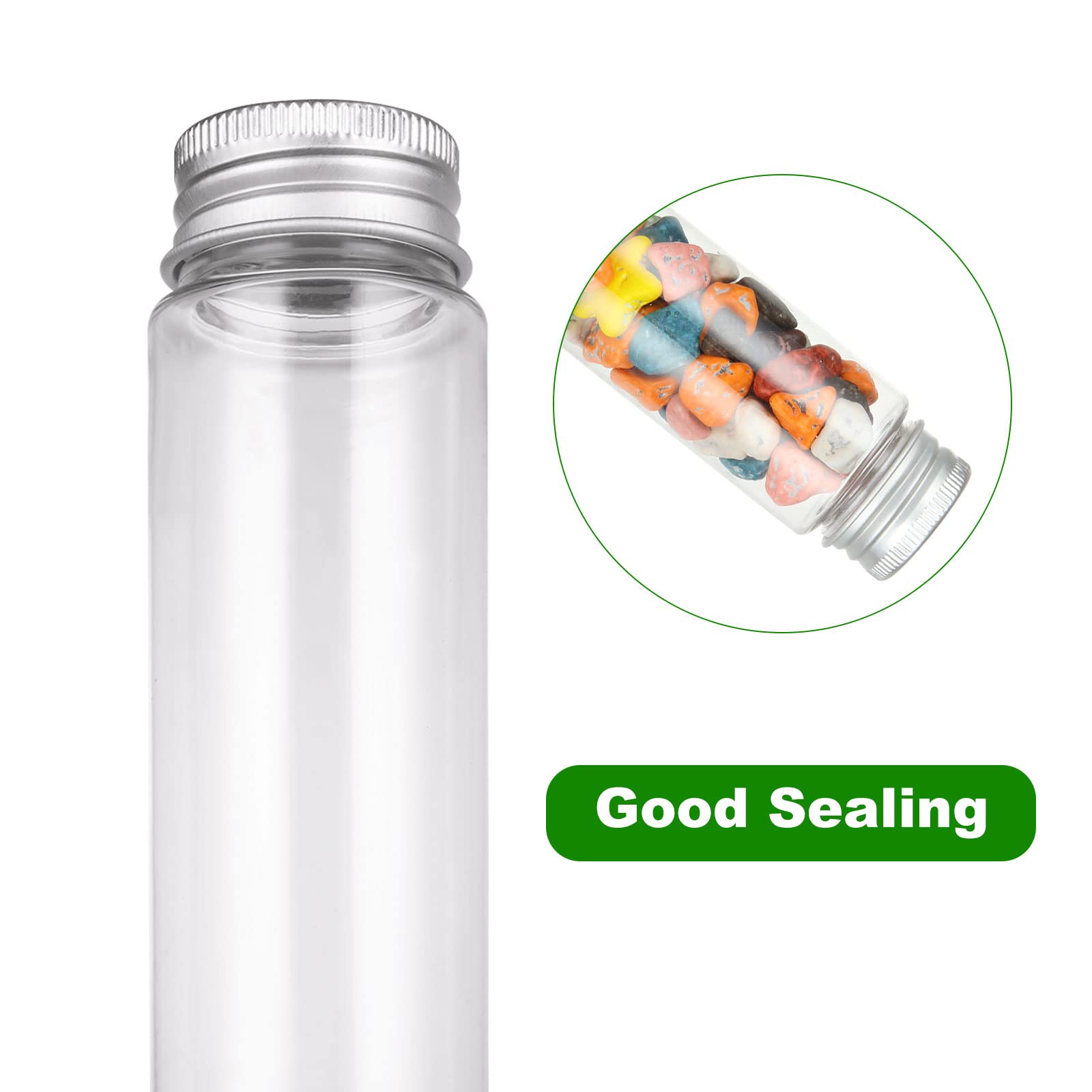 Acrux7 Tubo de ensayo de plástico plano transparente con tapones de rosca de 110 ml, tubo de ensayo transparente de fondo plano para almacenamiento de dulces de sal de baño (151 x 34 mm)