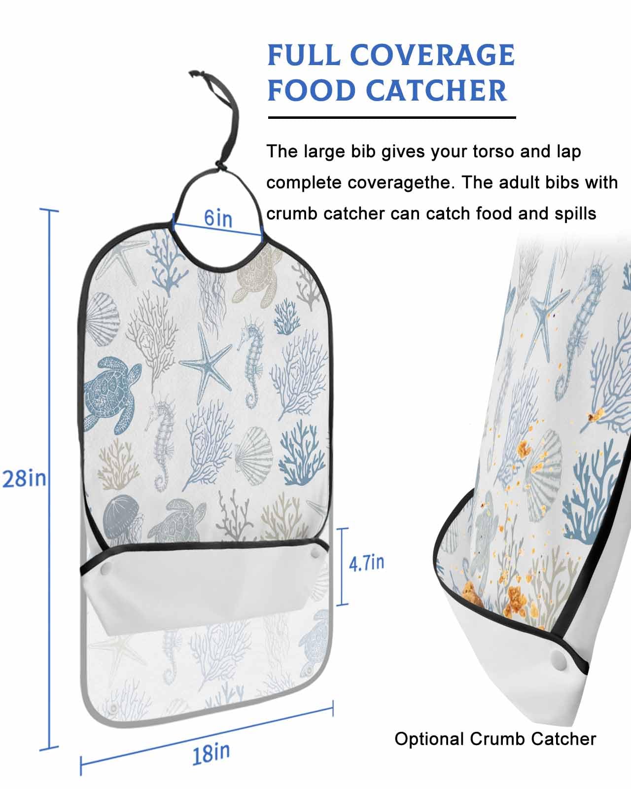 LEOKOTI Blue Coastal Adult Bibs for Eating, Waterproof Bibs with Food Catcher & Adjustable Snap Closure, Nautical Summer Beach Coral Sea Turtle Washable Clothing Protectors Adult Bibs for Elderly