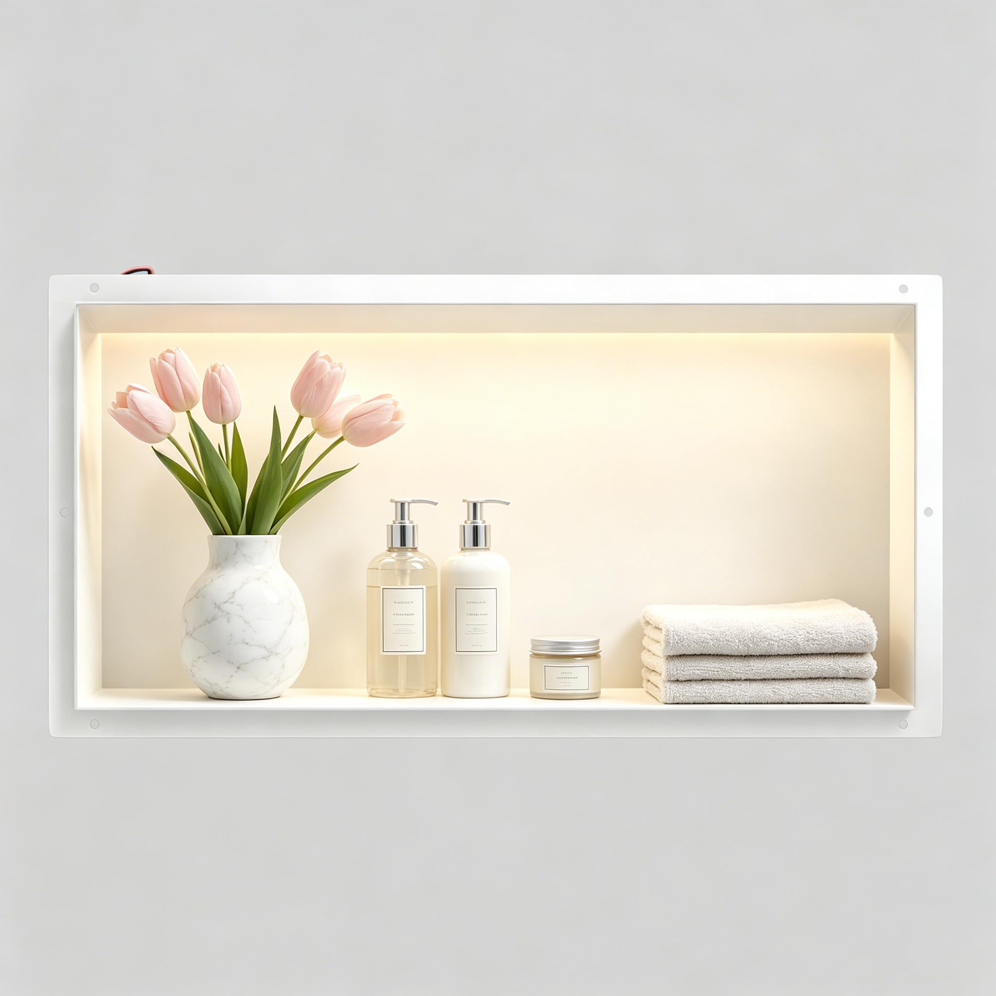 Bernkot Wall Recess Shower Stainless Steel Waterproof Recess with LED Light, Embedded Shower Enclosure 60 x 30 x 10 cm, Single Bed Shower Ench, Embedded Storage in Shower Room, White