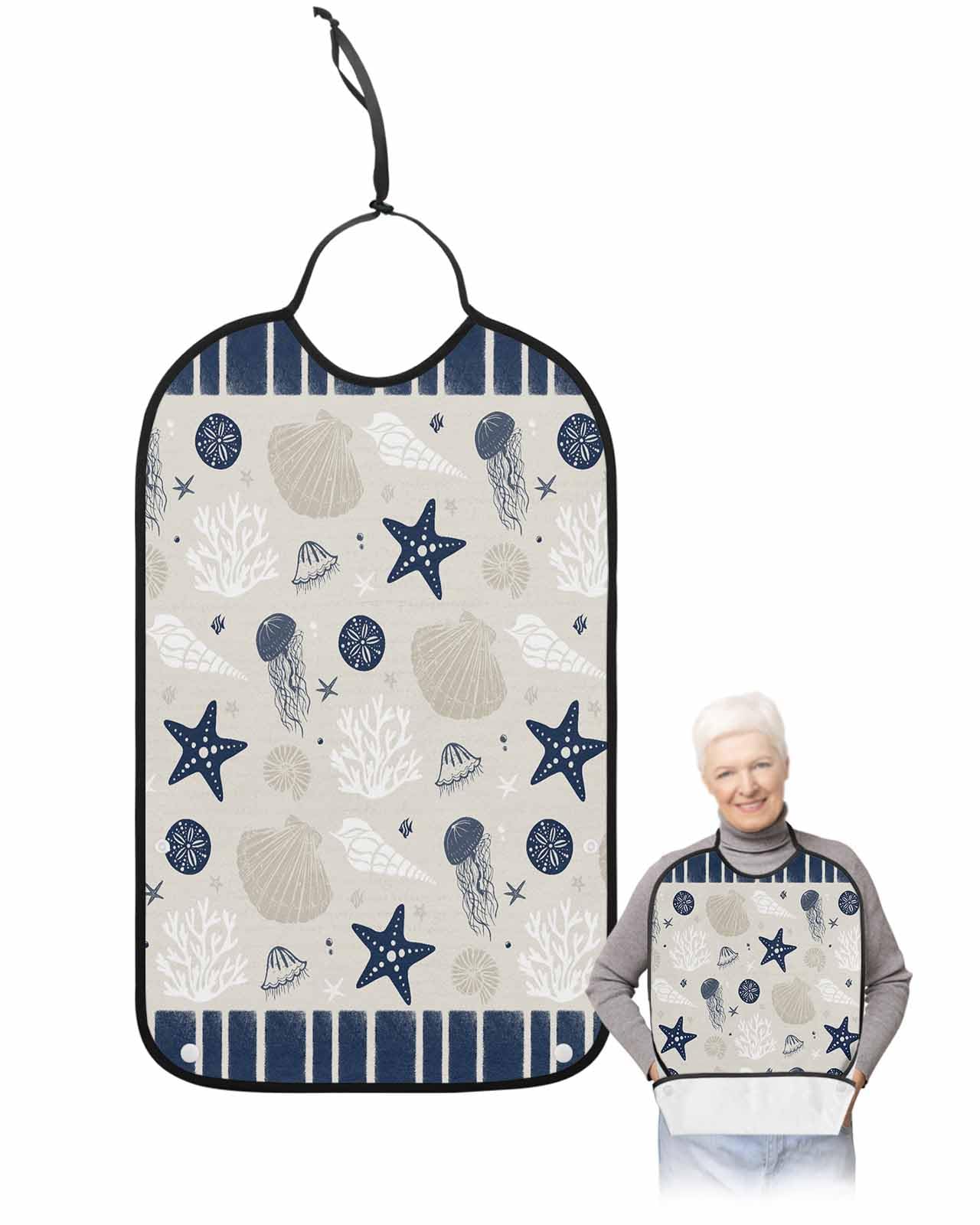 LEOKOTI Navy Blue Coastal Adult Bibs for Eating, Waterproof Bibs with Food Catcher & Adjustable Snap Closure, Ocean Nautical Starfish Coral Striped Washable Clothing Protectors Adult Bibs for Elderly