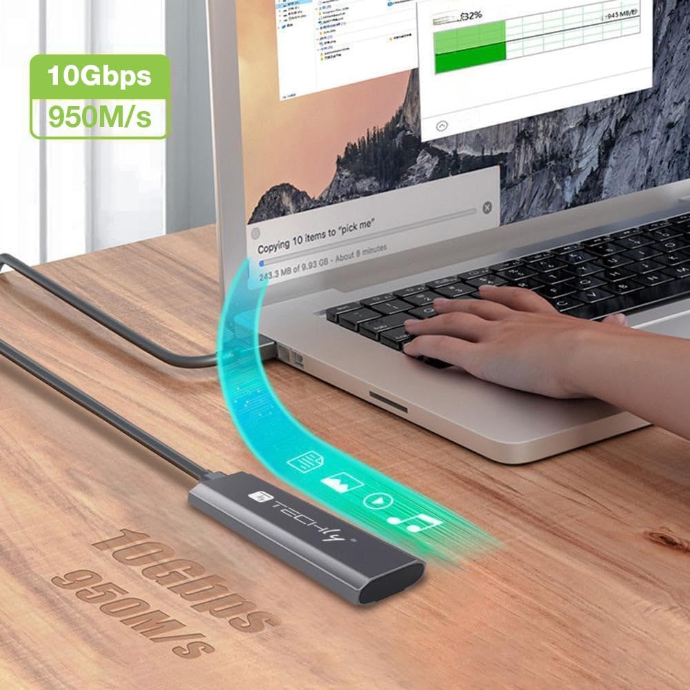 Techly 369113 Box Esterno USB-C™ USB3.2 Gen2 NVMe/SATA M.2 SSD Grigio