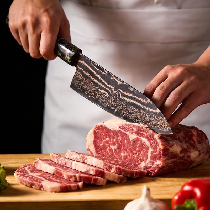 KitchenBliss Vg-10 Chef Knives Japanese 7 Inch Santoku Knife 33 Layer Copper Damascus Knife with Tricolor Forged Handle — view 7