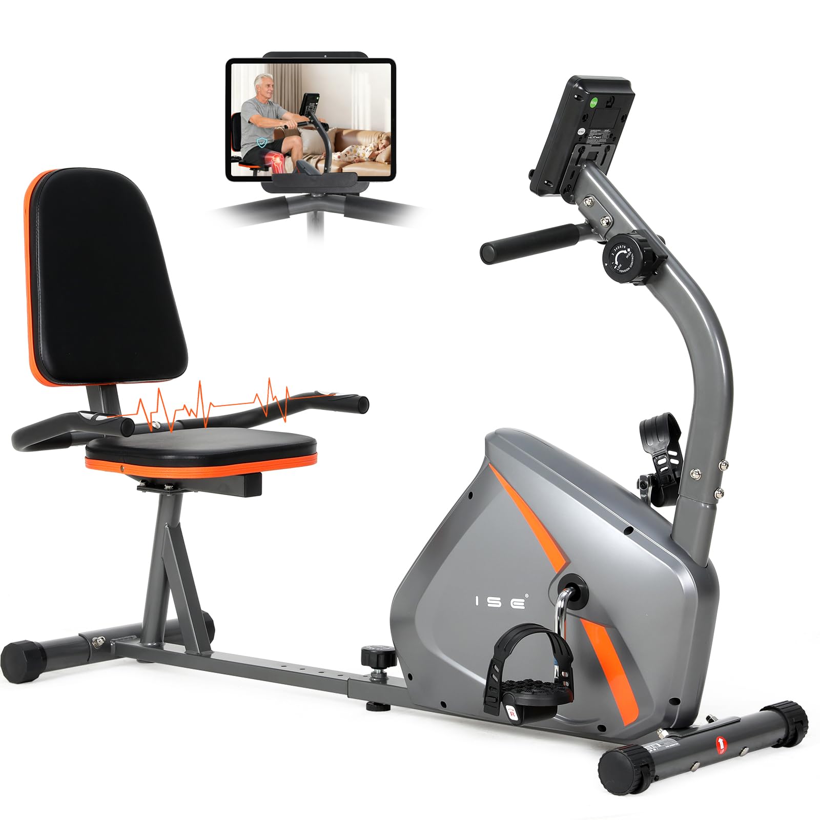 ISE Vélo d'Appartement Semi-Allongé Vélo Couché avec Frein Magnétique, Roues de Transport, Capteurs d'Impulsion, l'Ecran LCD, 8 Niveaux de Résistance Réglables, Velo d appartement Semi Allongé