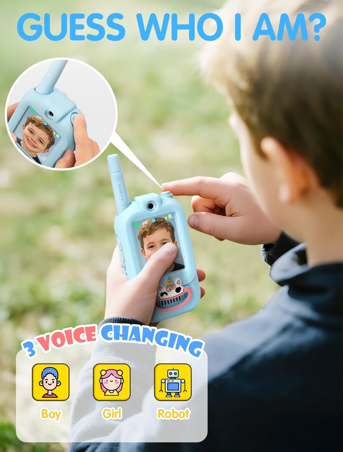 Walkie Talkie for Kids with Video: 2 Pack Rechargeable Toddler Toys with HD Camera & Voice Changer, Long Range Gift Toys for Boy & Girl Age 3-8 for Outdoor Play, Camping (Unicorn Blue/Unicorn Pink)
