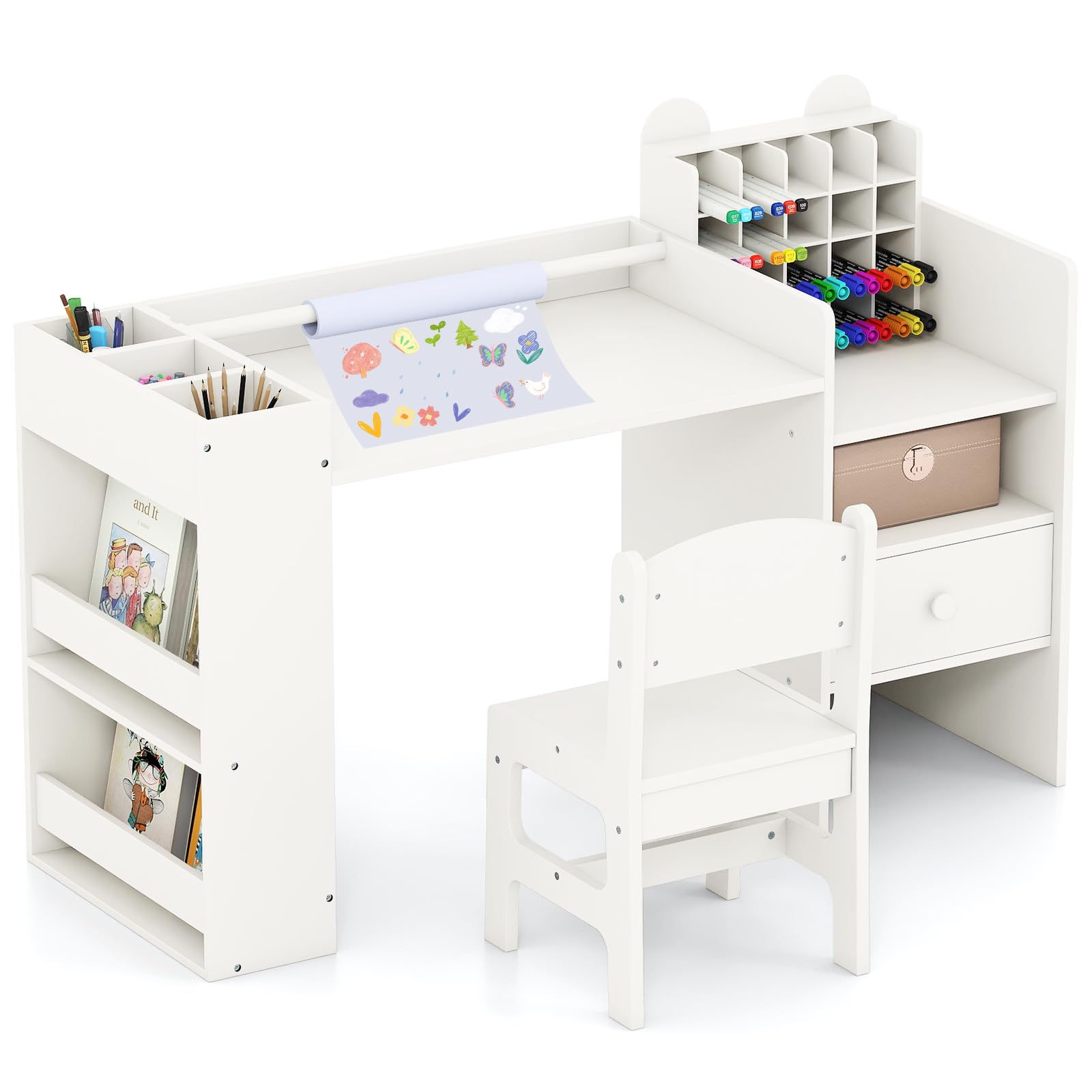 RELAX4LIFE Scrivania per Bambini, Set Tavolo e Sedia con Spazi per Riporre e Rotolo di Carta da Disegno Rimovibile, per Lettura e Disegno, Tavolo d'Arte per Soggiorno, Camera dei Bambini, Max 75KG