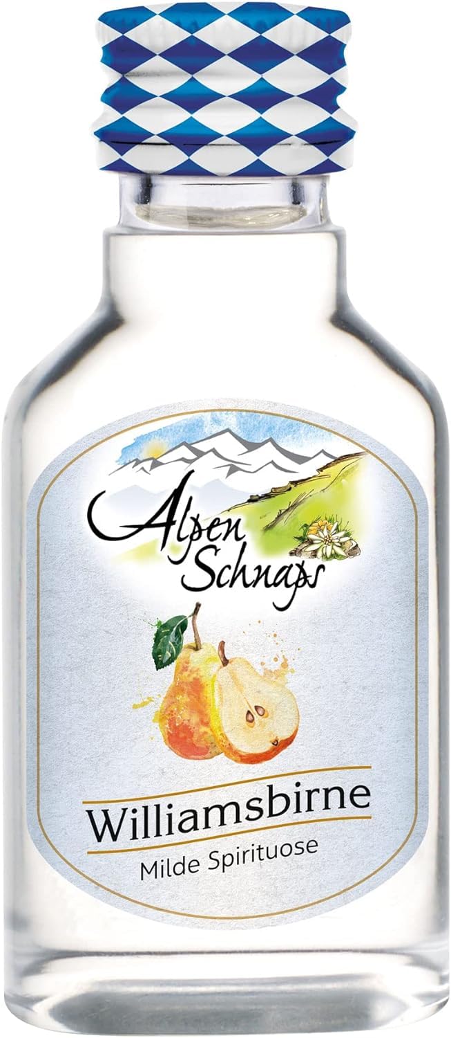 Alpenschnaps Steinbeisser Williamsbirne (30 x 20 ml) – Milder, aromatischer Williamsbirnen Schnaps – Obstschnaps mit Rezeptur aus dem Alpenland – Schnaps für den Genuss nach dem Essen – 35 % Vol.