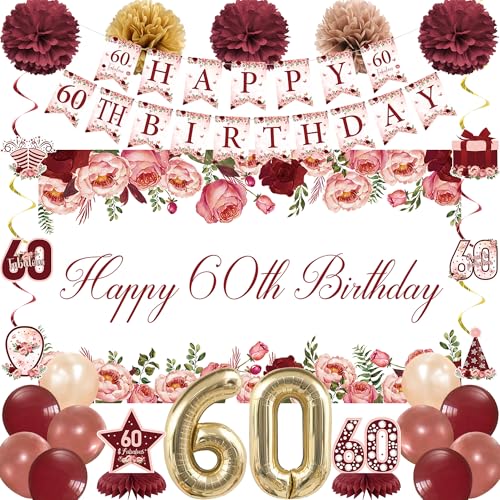 Vlipoeasn Burgundy 60th Birthday Decorations for Women Floral 60th Birthday Backdrop Banner Cake Topper Honeycomb Hanging Swirl for Party Cheers to 60 Years Old Birthday Party Supplies