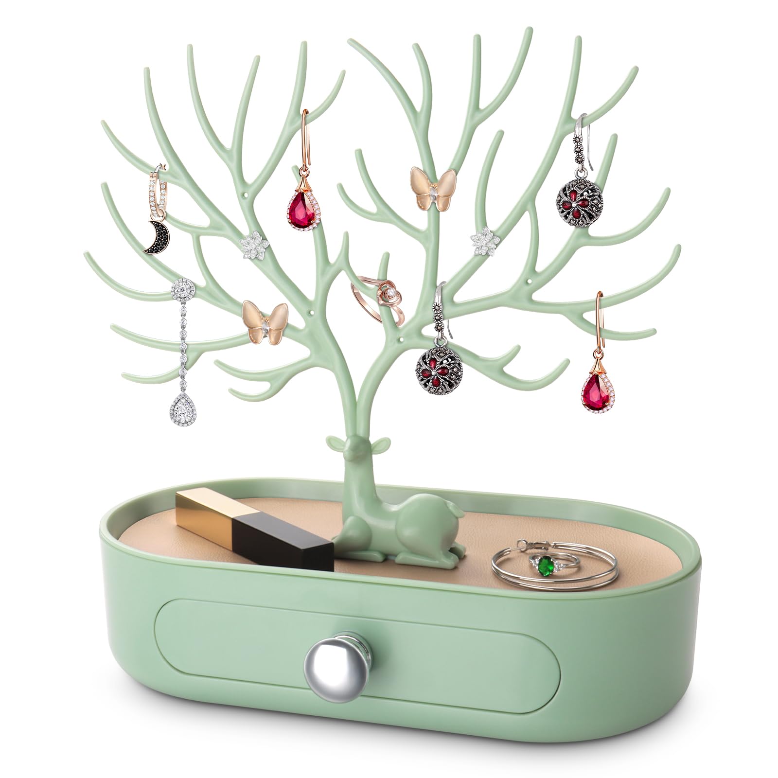 penobonpenobon Antler Jewelry Tree Stand Organizer with Drawer, Tree Display Stand Tower for Earrings, Necklaces, Bracelets and Rings, Plastics,Silver Plated Handle (Green)