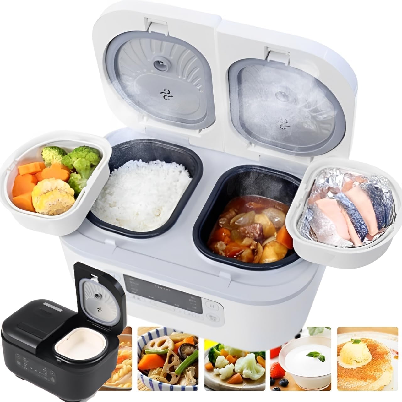 life_mart 炊飯器 3.5合 × 2口 【 料理も出来る 同時 別々 調理 可能 一人暮らし 】 ホワイト ブラック 多機能炊飯器 ダブルクック おしゃれ 炊き込み スープ おかゆ 雑炊 蒸し 煮込み ケーキ ヨーグルト 手動 再加熱 保温 炊飯 お米 (マットホワイト)