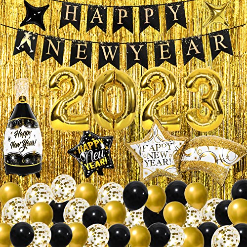 New Years Eve Party Supplies 2023,39 Pcs Happy New Year Decorations Set With Large Foil Balloons,Happy New Year Banner,Gold Foil Curtains Black,Gold,Confetti Balloons Happy New Years Decorations 2023 #TOP5