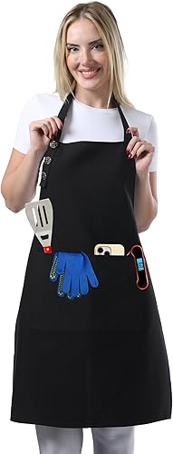 TOSHE Delantal de cocina de algodón resistente a las gotas de agua con delantales ajustables para mujer con bolsillos, 10 opciones de color,