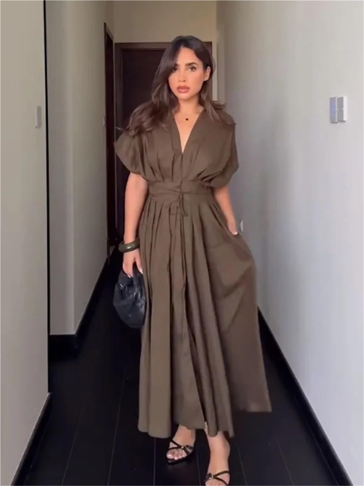 Vestido de Playa Verano Mujer Encaje Plisado diseño un Solo Pecho Midi Mujeres Manga Corta Elegante Delgado