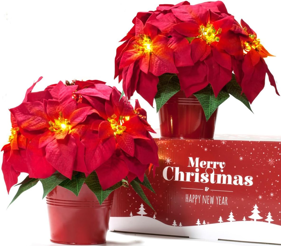 2 Pack 10" LED Lighted Artificial Poinsettias for Outdoors LED Poinsettia Flowers Artificial Faux Poinsettia Plants Poinsettia Christmas Decorations for Holiday Home Kitchen Decor