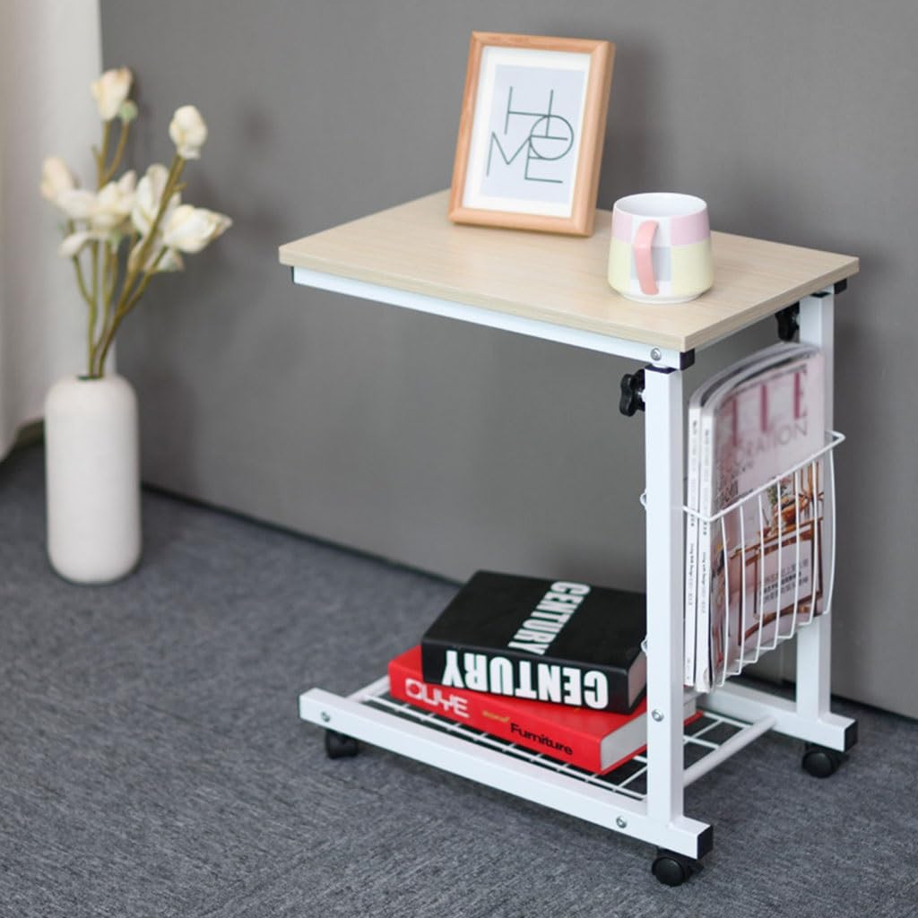 ASerZenith Storage Shelves Computer Table Height Adjustable Mobile Bedside Laptop Table Lift Small Coffee Side Table W/Wheels,White Maple