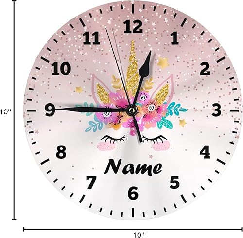 Vista 8 de Reloj de pared personalizado con diseño de unicornio y rosa con purpurina para habitación de los niños, reloj de pared personalizado con nombre