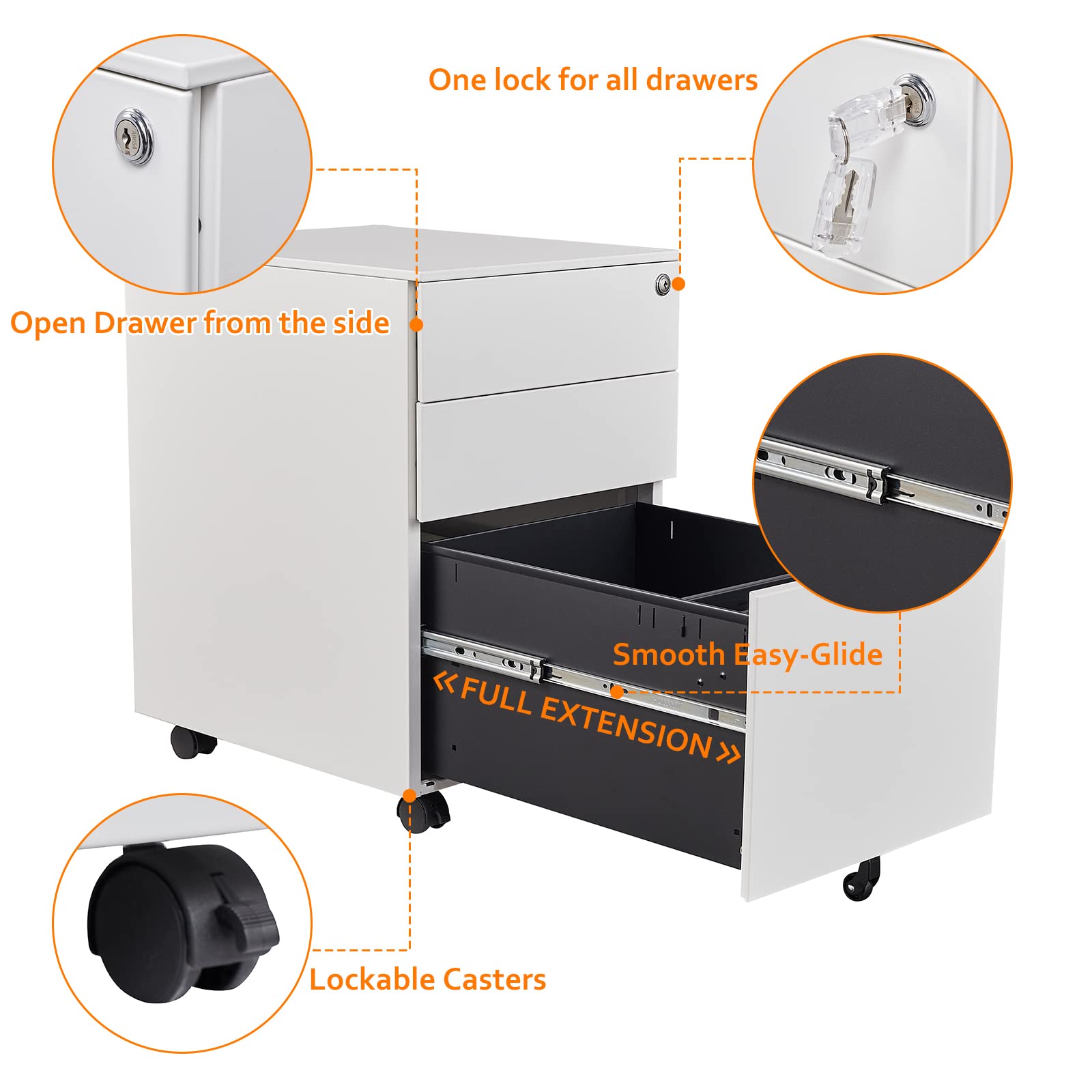 Rollcontainer mit 3 Schubladen Aktenschrank Büroschrank Bürokommode abschließbarer Bürocontainer File Cabinet Beistellcontainer Dokumentenschrank Aufbewahrung von Akten Büroutensilien 39 x 50 x 60 cm