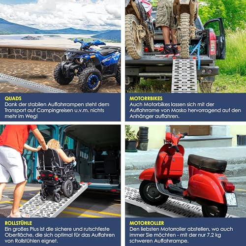 Foto von MASKO® Auffahrrampe 680kg Faltbare ALU Verladerampe Verladeschiene Antirutsch Klappbar max. 340kg* pro Stück, max 680kg* pro Paar Motorrad ATV Quad PKW Auto Laderampe, 2X Auffahrrampe Silber