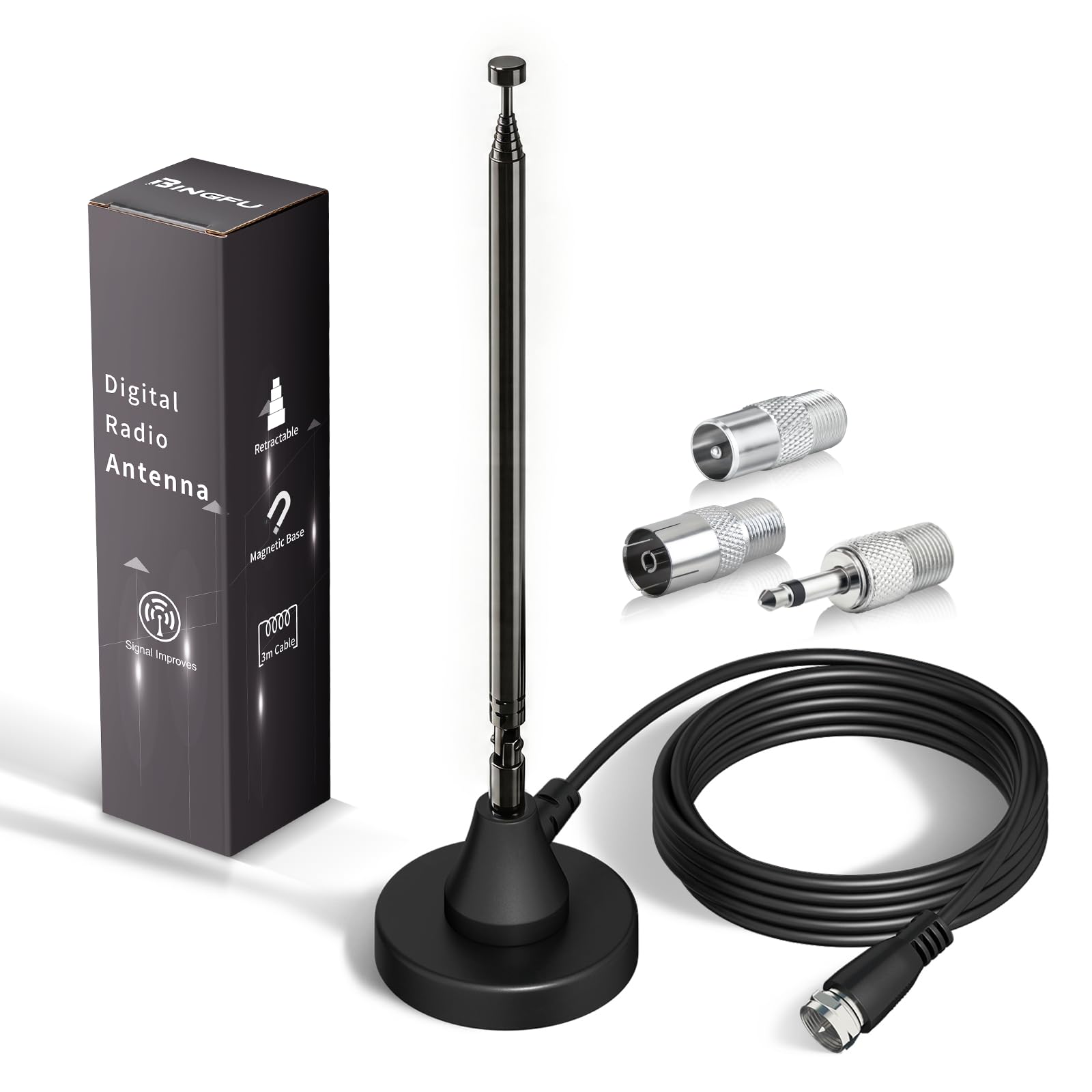 Bingfu Antenna Radio DAB+ FM, Antenna Telescopica Digitale con Base Magnetica, Cavo Coassiale 3 m, Set Adattatori, 75 Ohm per Ricevitore Stereo e Sistemi AV Casa