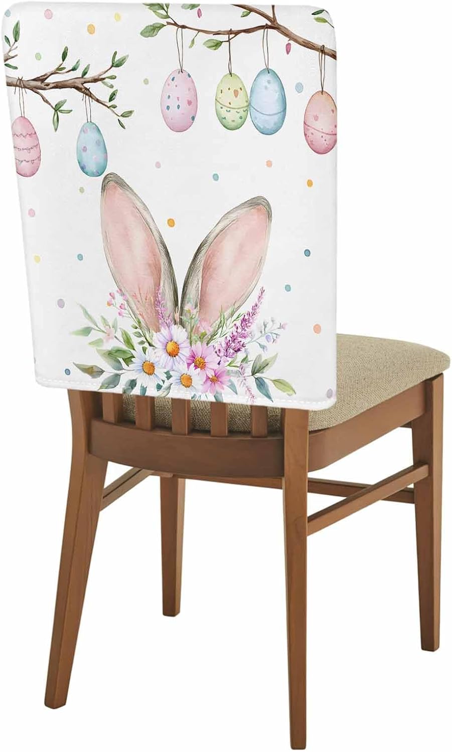 Easter Dining Chair Back Covers Set of 6 Bunny Ears Chairs Covers Washable Removable Easter Eggs Colorful Spring Floral Back Slipcovers Chairs Protector Kitchen Chairs Cover for Spring Party Decor