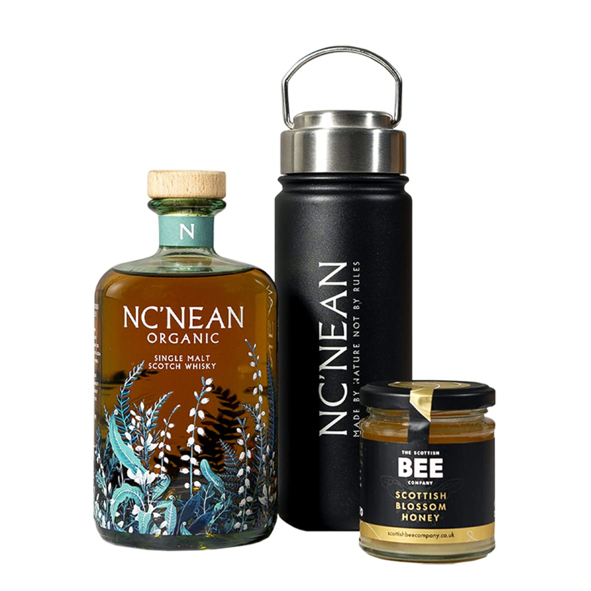 Hot Toddy Whisky Set | 46% ABV | 1 x 70cl Bottle of Nc'nean Organic Whisky 1 x Signature Nc’nean Flask & 1 x Pot of Scottish Bee Company Blossom Honey