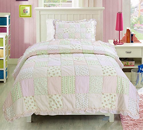 Cozy Line Home Fashions Juego de ropa de cama de 100 % algodón con estampado de flores de orquídea rosa y verde melocotón, para bebés y niñas pequeñas (rosa, individual, 2 piezas)