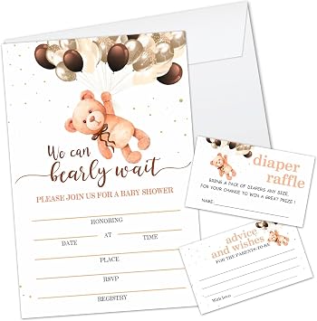 Yuansail Little Bear Balloon Baby Shower Invitations for Girl, 25 Each Set with Diaper Raffle Tickets, Advice Cards and Envelopes, Gender Reveal Party Supplies Favors Decorations, Gender Neutral-21