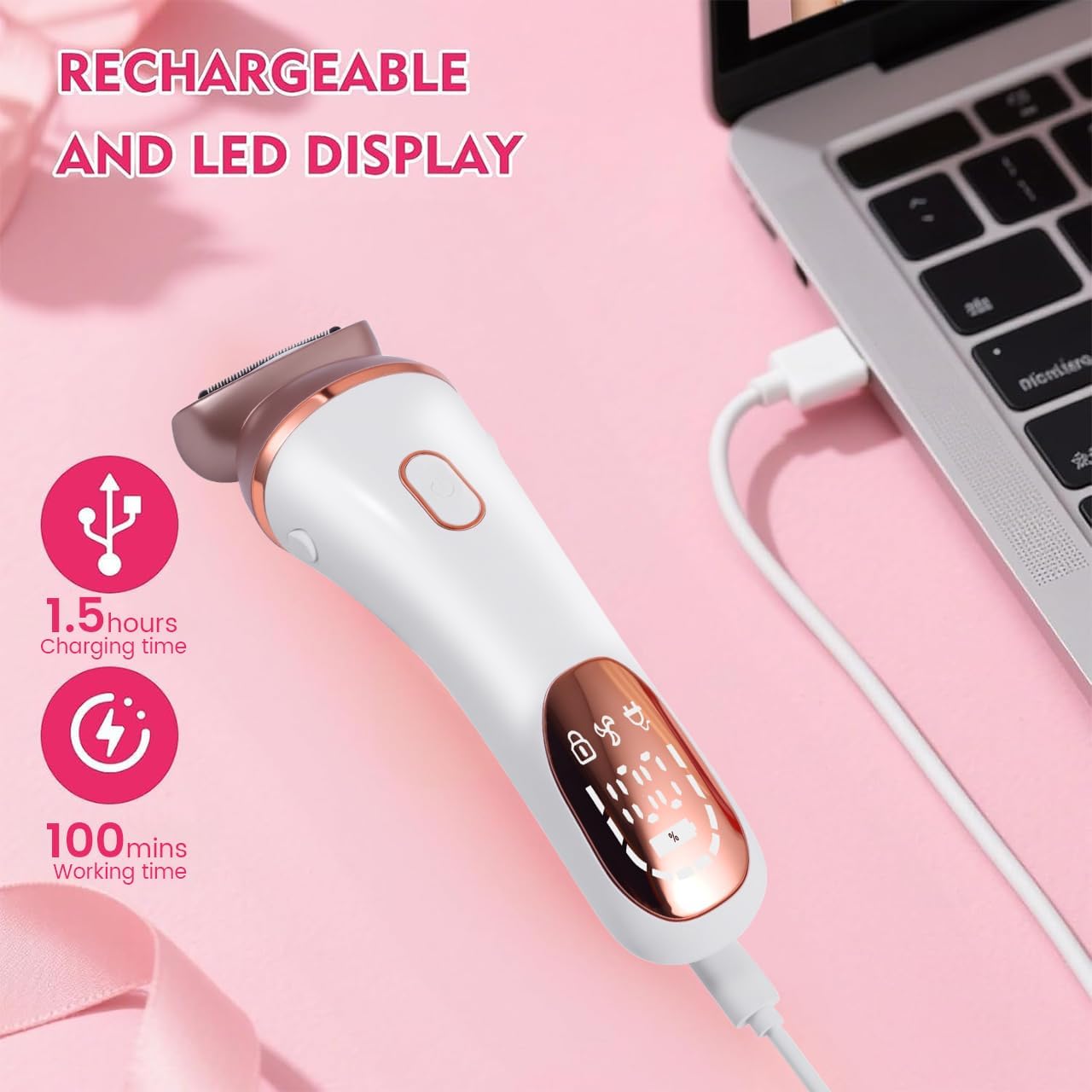 Electric Razor Bikini Trimmer for Women Rechargeable Painless Shaver for Body Hair IPX7 Waterproof Cordless LED Display for Women Underarm Public Hairs (Gold) - Image 5