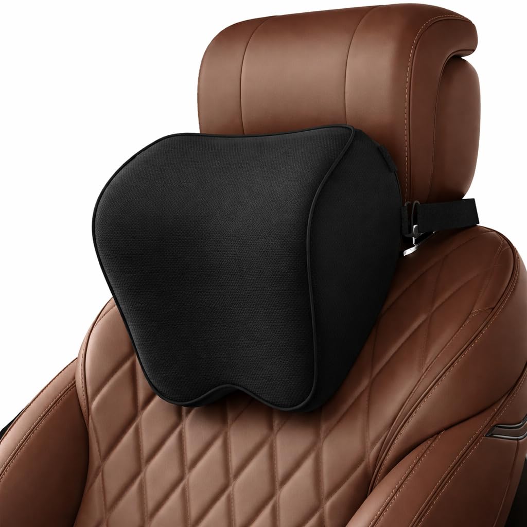 Generisch 2-Pack Auto Nackenkissen, Weichheit Auto Kopfstütze Kissen zum Fahren mit verstellbarem Riemen, 100% Memory Foam und atmungsaktiver Abnehmbarer Abdeckung (Black)