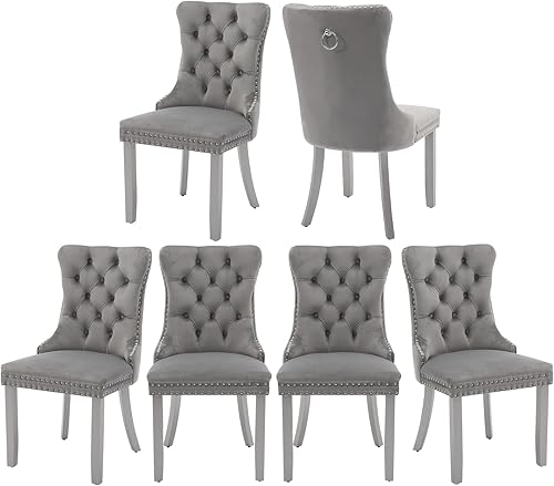 Miniatura 16 de Juego de 6 sillas de comedor marrones, sillas de comedor tapizadas con tela de lino acolchada con capitoné, con respaldo alto, ribete de tachuelas y