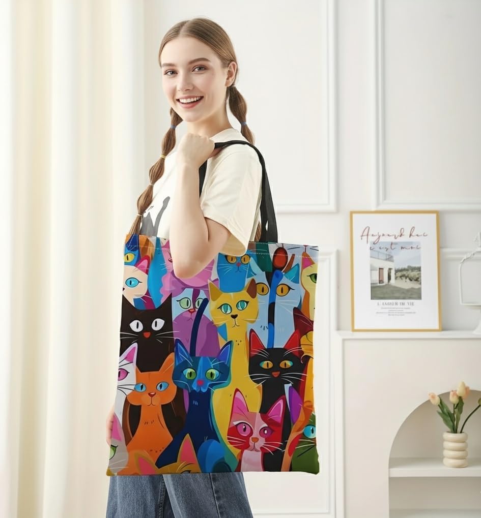 Cat Tote Bag for Women – Reusable Canvas Shopping Bag with Cute Kitten Print – Lightweight & Eco-Friendly Gift for Cat Lovers - Image 5