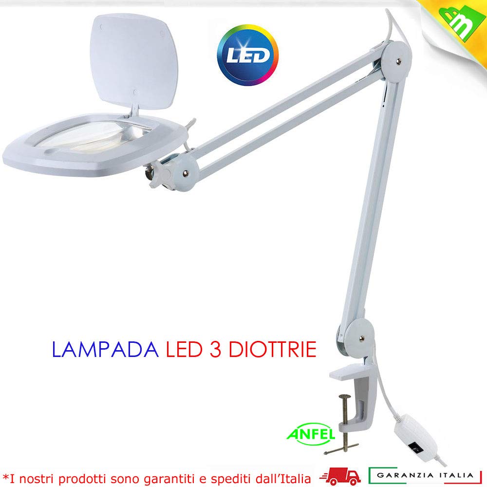 Lente D'ingrandimento 3 Diottrie con Luce Fredda 80 led SUPER per Estetista, ESTETICA, Lettura, Cucito, Laboratorio E LAVORI di PRECISIONE con morsetto e molle interne, inclinabile, snodabile