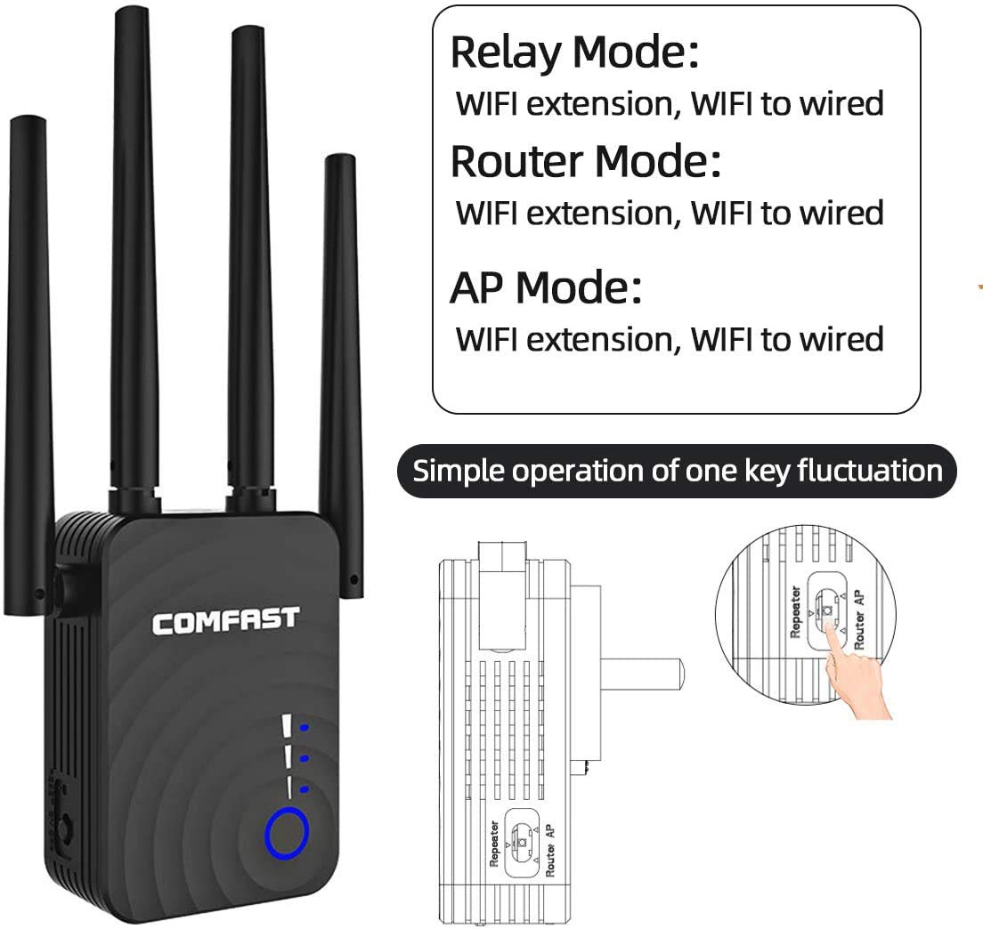 FYH WiFi Extender 5 GHz 1200 Mbps WiFi Booster, copre 1500 mq, ripetitore di portata WiFi wireless per WiFi domestico - Estensore router, 4 modalità di lavoro (nero)