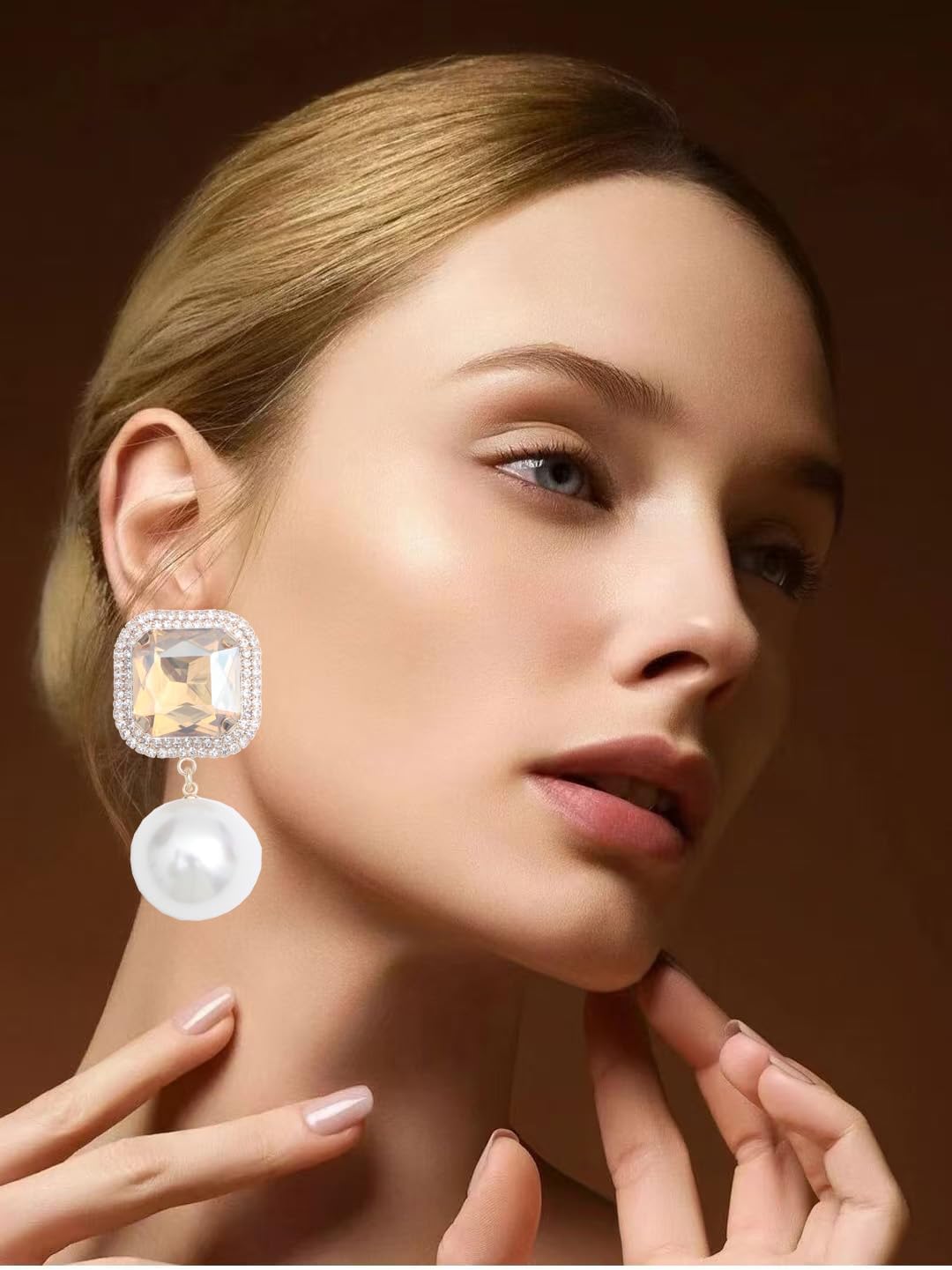 QLLYHLH Women’s Fashion Crystal Wedding Brides Bridesmaid Statement Peal Drop Dangle Earrings - Image 2