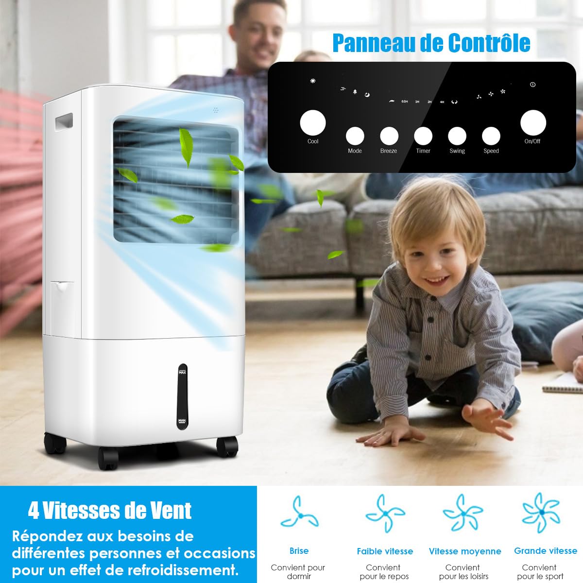 GOPLUS Rafraichisseur d’Air 4 en 1 avec Télécommande, Ventilateur Portable Mobile Sans Évacuation, Réservoir d’Eau 20L, 4 Vitesse, Refroidissement, Purification, Minuterie 7,5H, Silencieux, Chambre