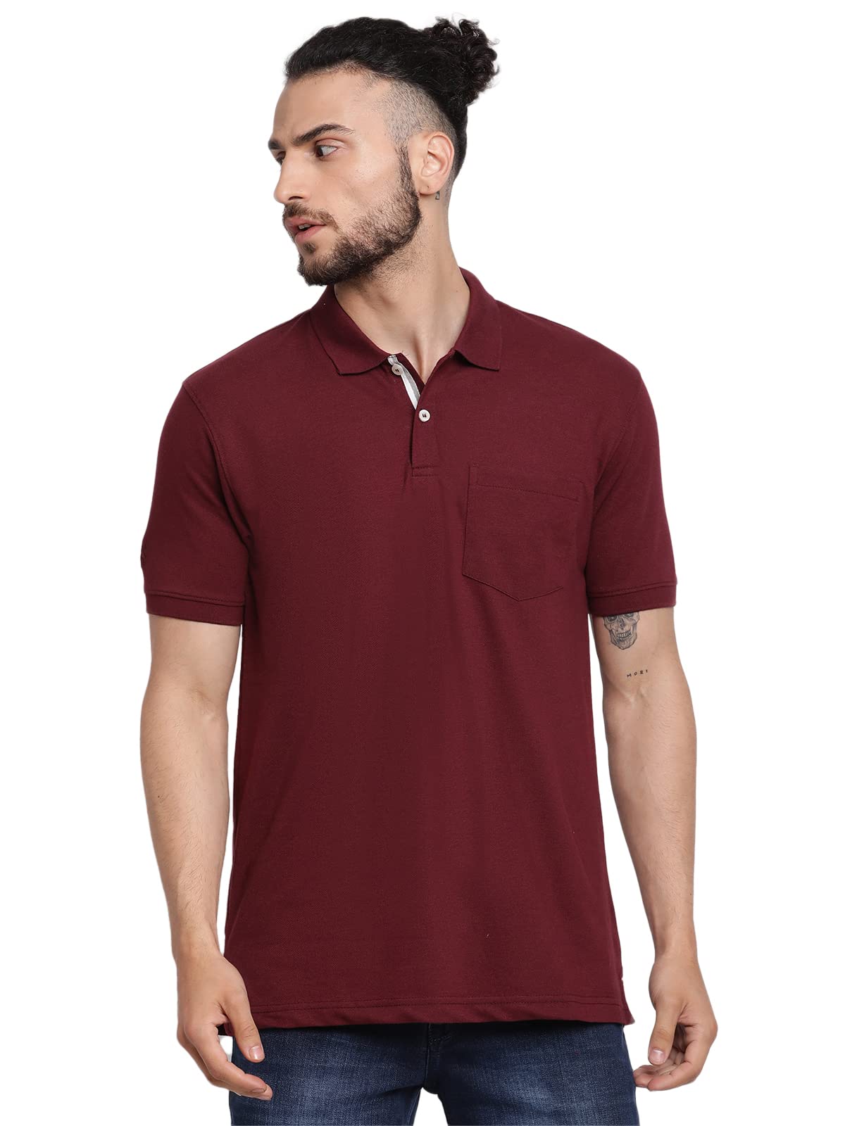 cantabil Men Maroon Cotton Blend Polo Neck Half Sleeve Solid T-Shirt (P-MTSH00038-BURGUNDY)-picture-43